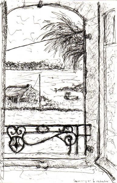drawing of the view from the bedroom of the house of pen-er-houet; view of the Gulf of Morbihan